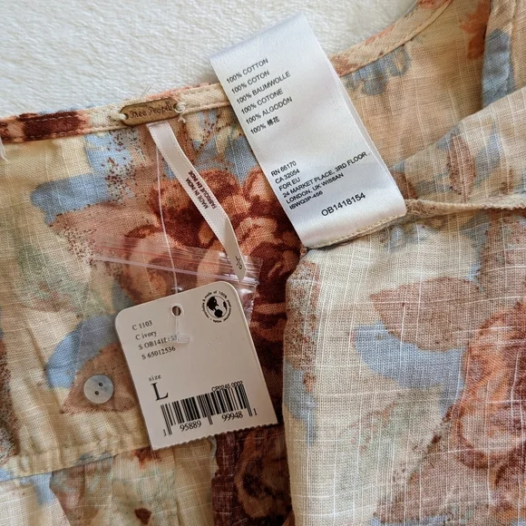 Free People Top Blouse Short Sleeve Deep V-Neck Floral Print Linen Ivory L NWT - Picture 14 of 16